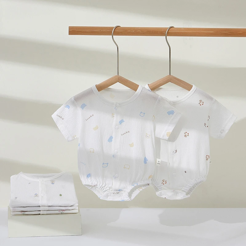 1婴儿衣服夏款薄款皱皱棉纯棉新生儿无骨包屁衣短袖幼儿宝宝哈衣