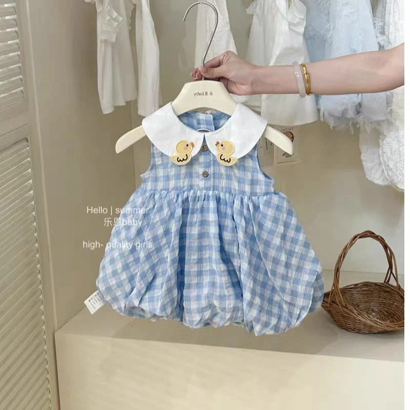 女童夏季新款可爱格子背心裙宝宝洋气蓝色连衣裙公主裙子