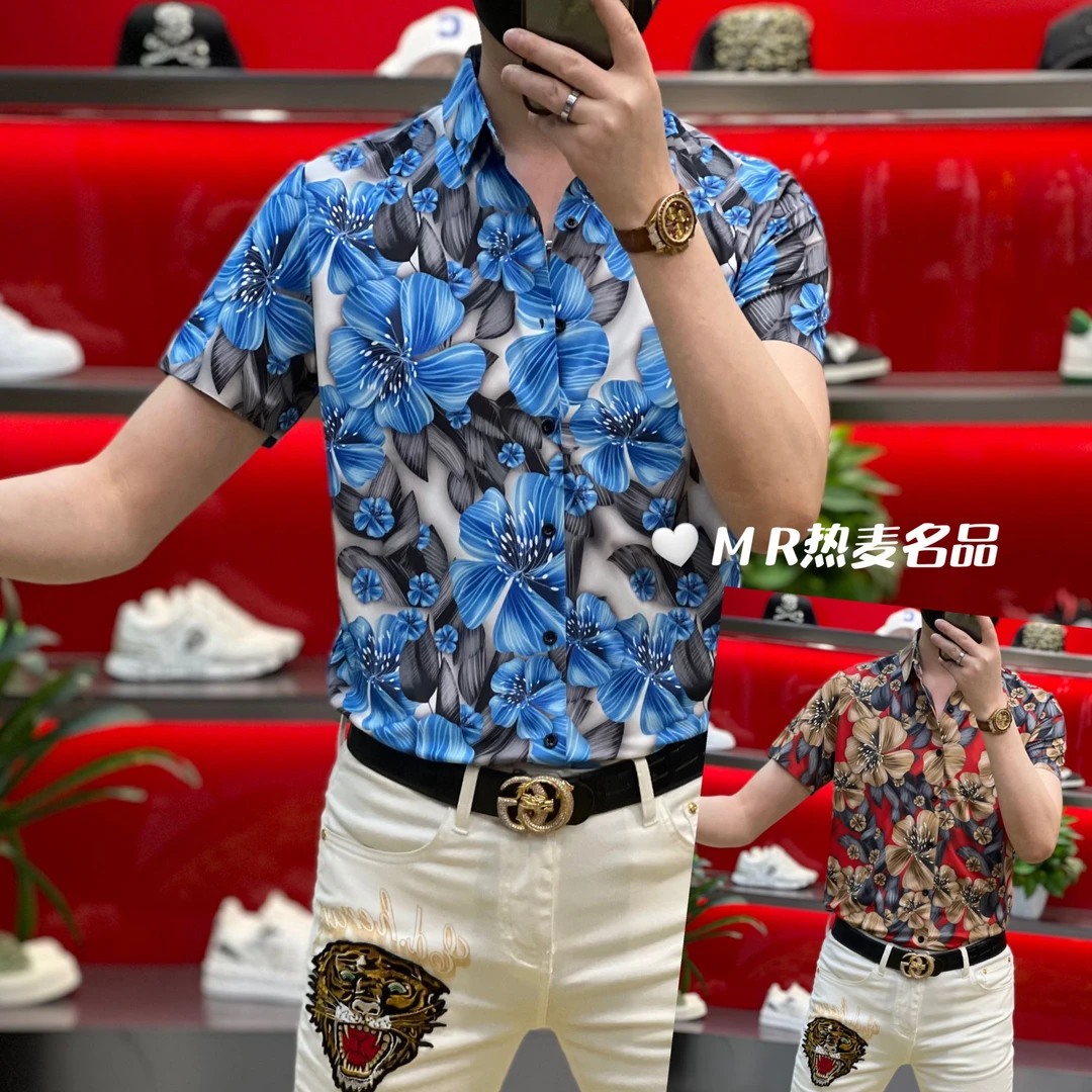 【热麦甄选】夏季短袖衬衫潮流富贵喇叭花 男士修身免熨烫弹力翻领