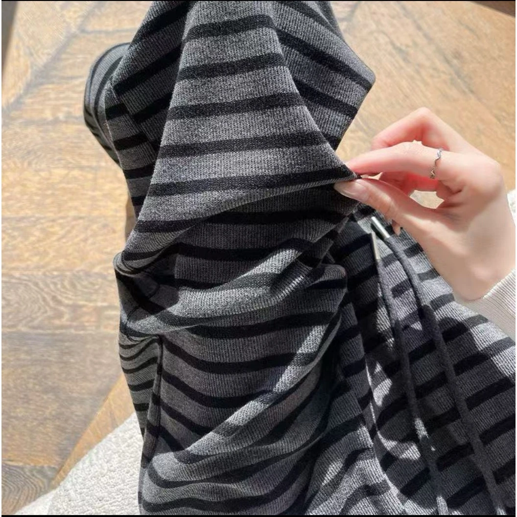 【运费补贴】撞色条纹阔腿裤女春季慵懒感休闲裤高腰垂感显瘦拖地裤