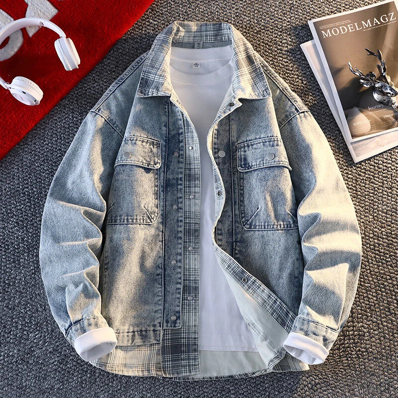 春季翻领格子拼接牛仔外套男士韩版帅气宽松潮流休闲假两件夹克男