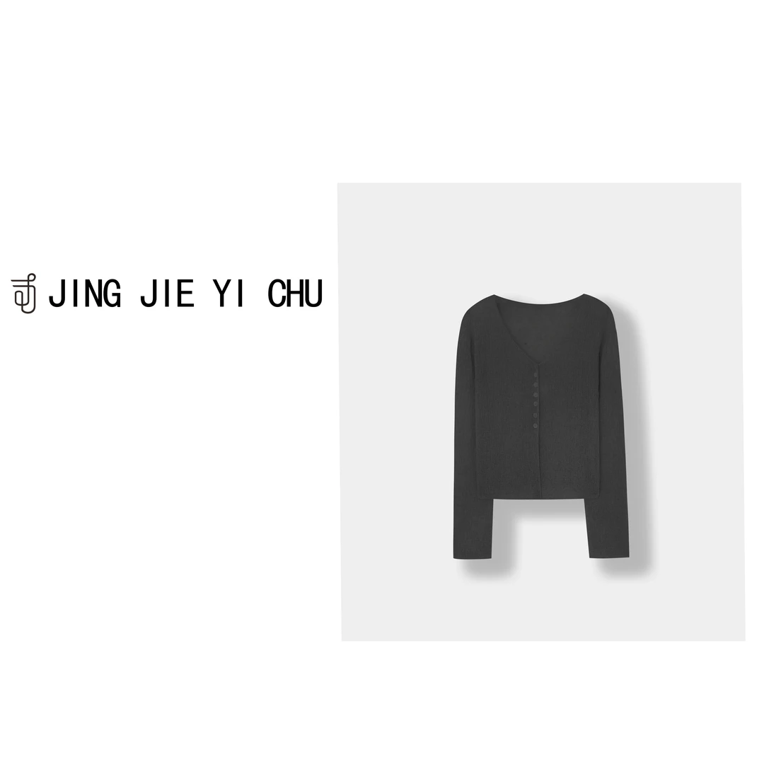 静姐【山本亚麻衫】肌理感开叉单排扣长袖百搭针织衫5028