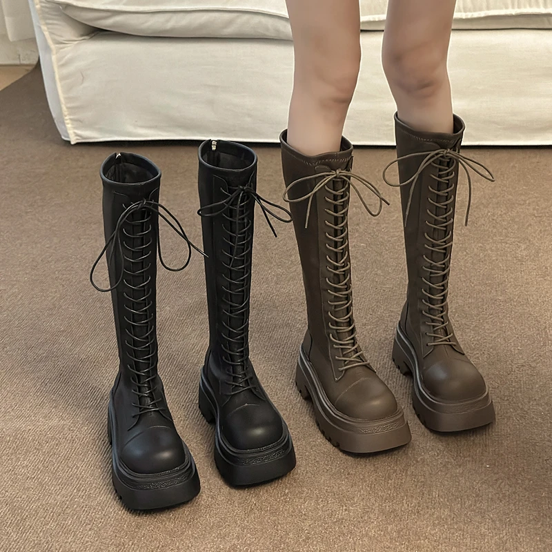 马丁靴厚底显瘦系带高筒靴子长筒骑士靴女2025秋季新款小个子长靴