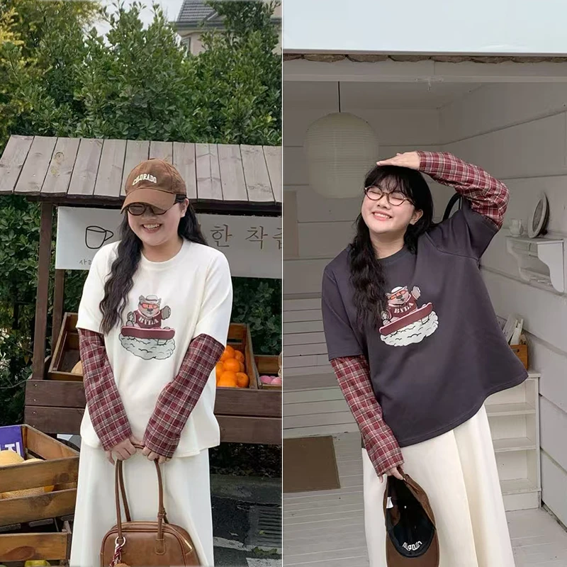 【复古魔法院】印花圆领长袖设计感撞色拼接格子假两件T恤 5512