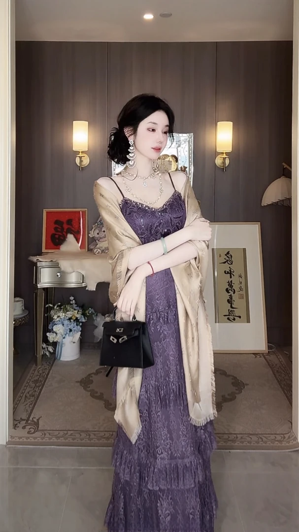 【雅乔定制】波尔契之梦 葡萄紫蕾丝吊带连衣裙DYYY-24115628