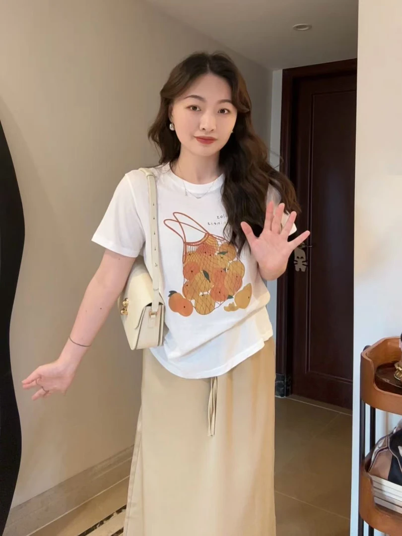 白粥沫 宽松型T恤千金风夏季短袖+气质蕾丝拼接半裙