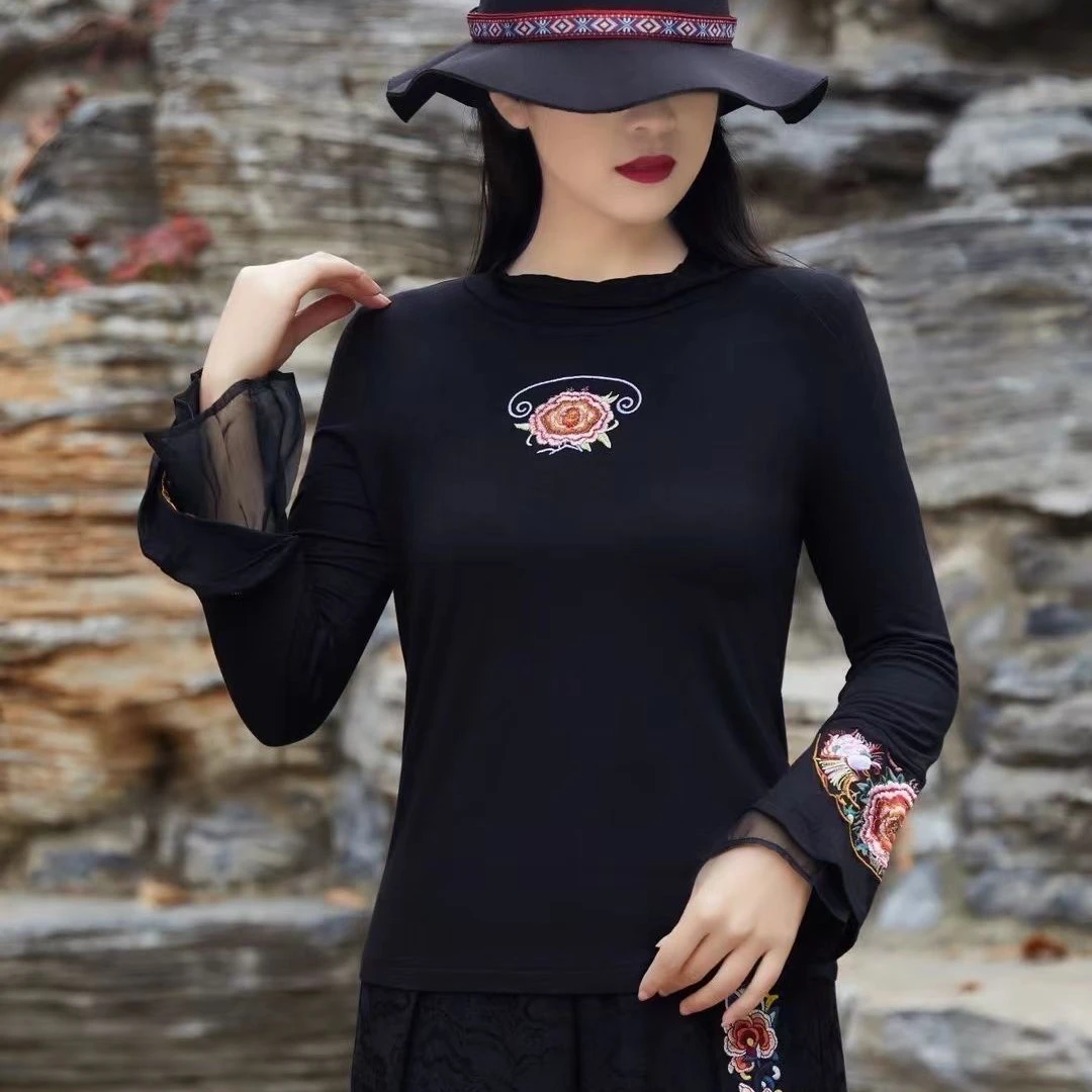 刺绣立领长袖拼接常规常规款T恤女士百搭显瘦秋冬
