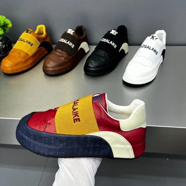 男鞋早秋皮面拼色舒适百搭时尚休闲鞋松紧口一脚蹬懒人鞋韩版潮鞋