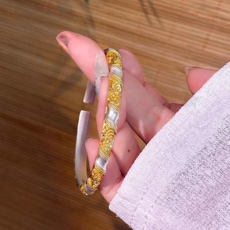 足银手镯 描金雕花牡丹开口手镯送女友闺蜜足银