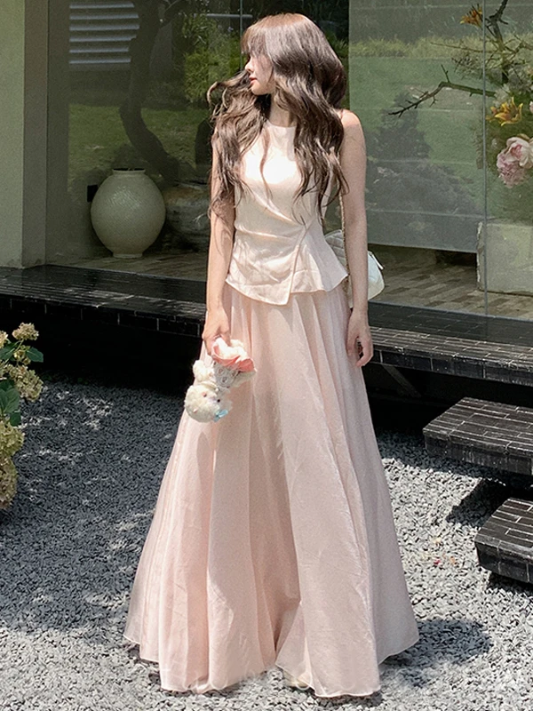 法式粉色无袖背心连衣裙子女夏季2025新款绝美漂亮巨好看掐腰长裙
