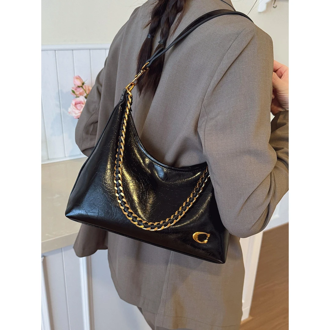 韩版时尚百搭链条单肩腋下包包女2025秋季新款简约复古斜挎饺子包