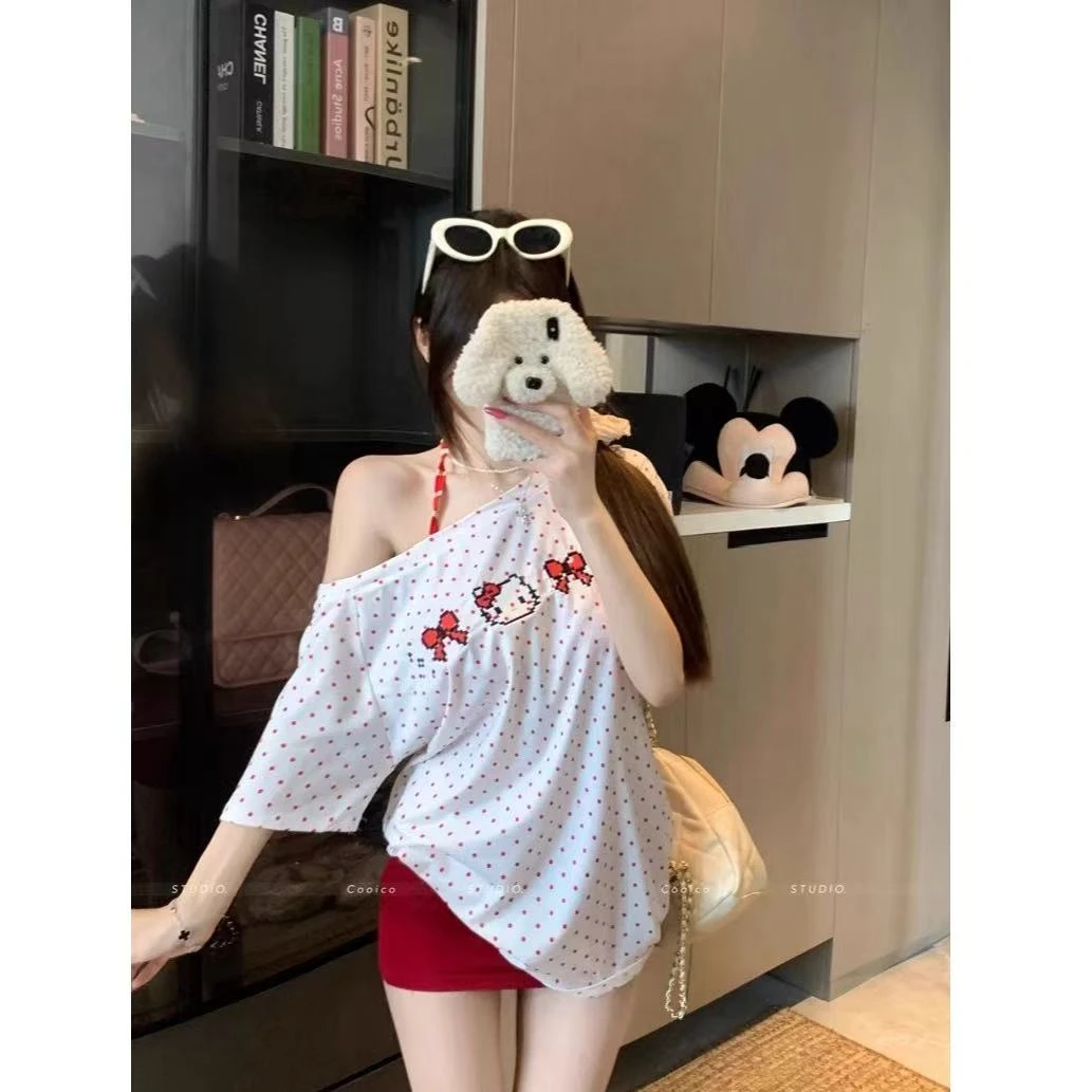 【运补6元】奶喵啵啵棉质甜辣妹斜肩短袖T恤女夏季kitty刺绣上衣