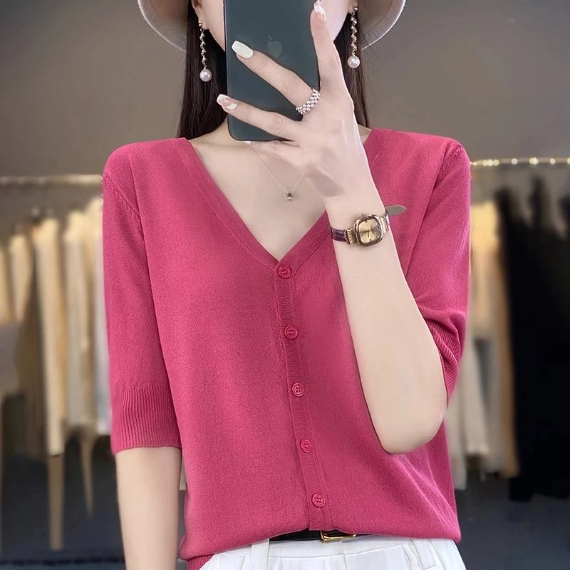 春夏中袖新款V领冰丝针织短袖开衫女夏季薄款