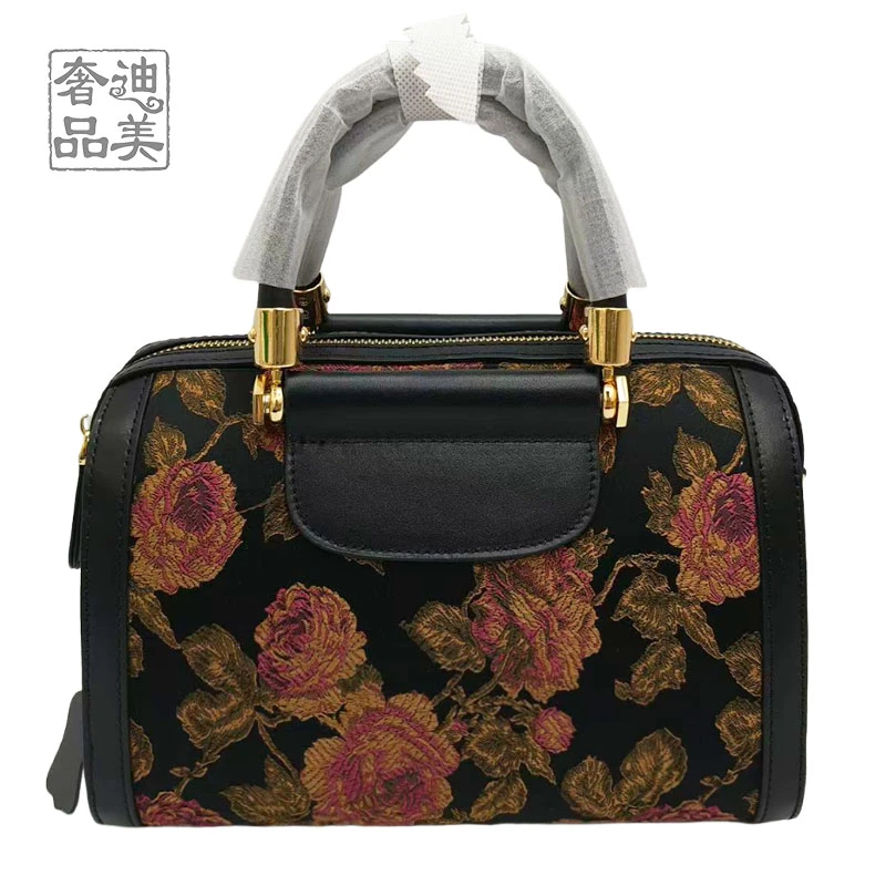 七七-（成双玫瑰）云锦香云纱手提桶包斜挎包25*17*13cm
