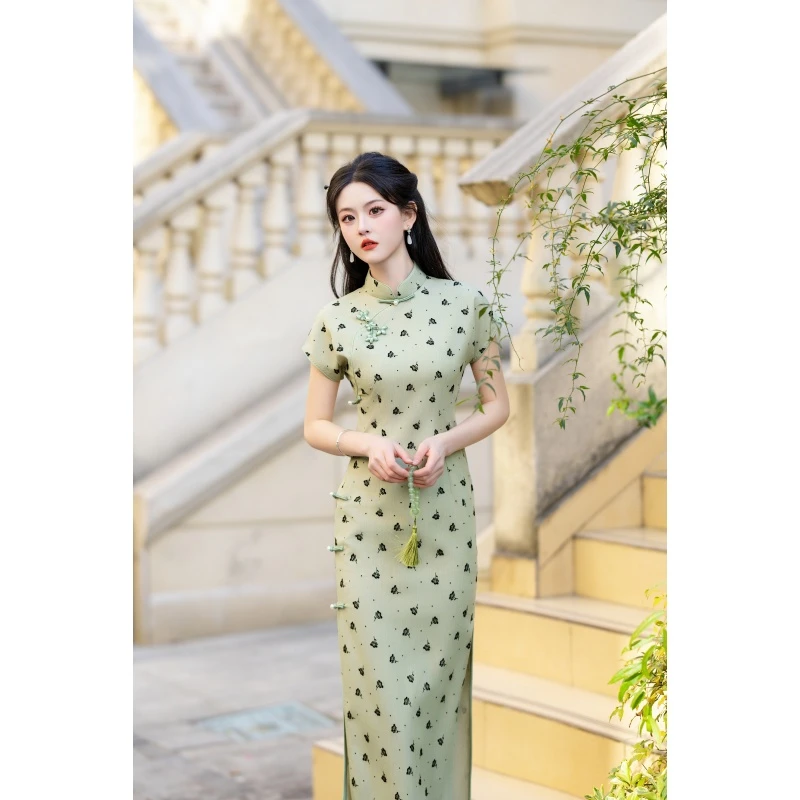 箜小帆小清新低开衩中国风旗袍夏季优雅显瘦气质日常植花