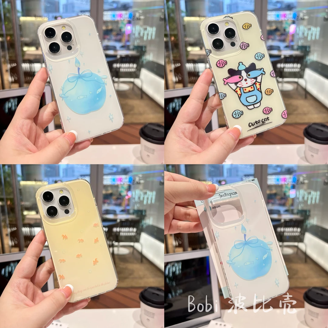卡通可爱个性简约创意防摔猫与鱼适用于苹果手机壳iphone16pro/15