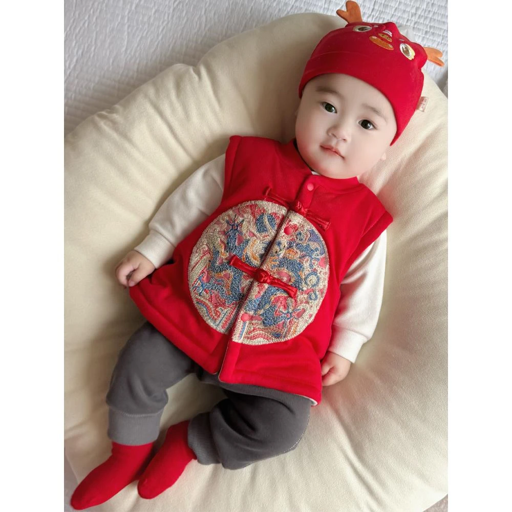 宝宝冬季夹棉马甲婴儿保暖加厚背心中国风红棉袄满月周岁百天外套