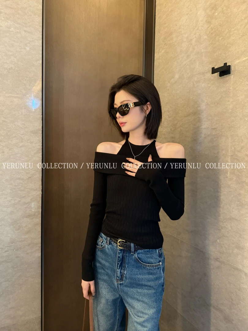 YERUNLU韩系漂亮假两件长袖针织衫女氛围感穿搭露肩内搭上衣