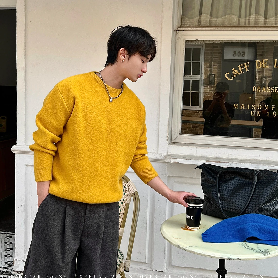 OXFREAK「调色盘色系」芥黄色软糯毛衣男冬季保暖加厚圆领针织衫