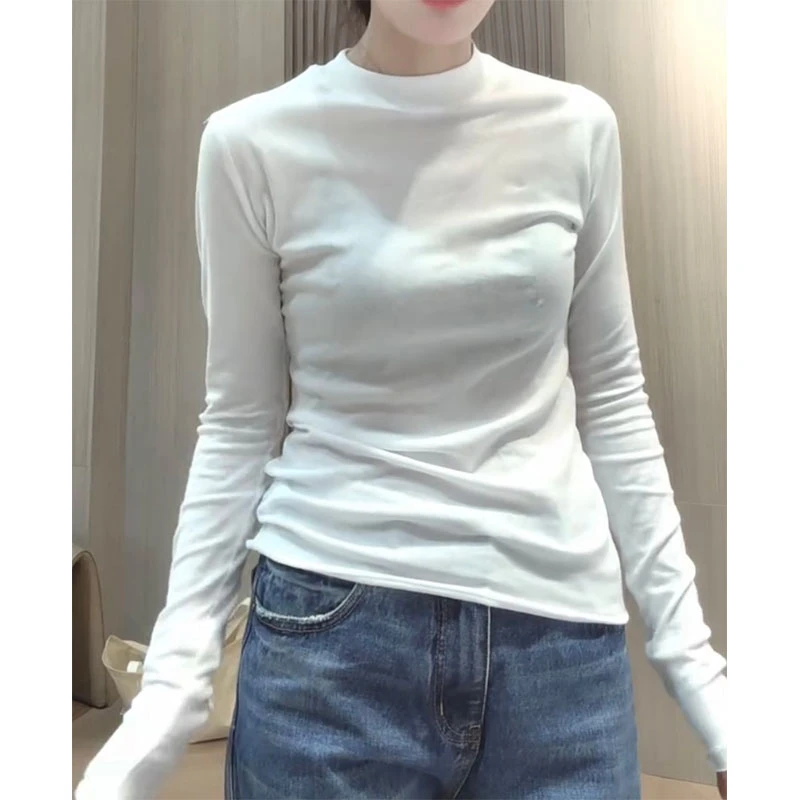 萱贝纯百搭显瘦长袖T恤女2025年秋冬新款时尚修身立领打底衫