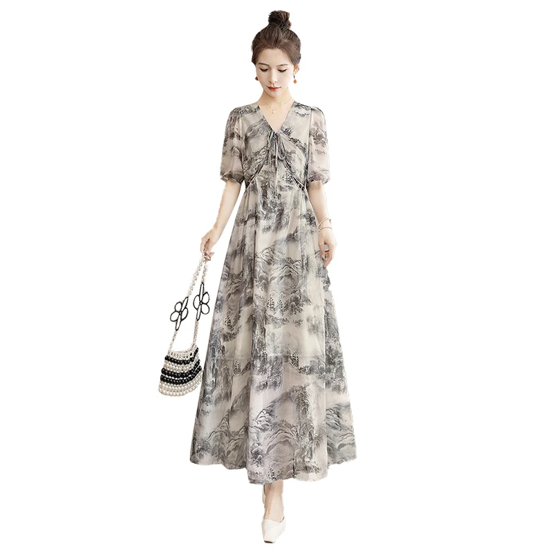 丝柏舍2025夏季新款女装长款大摆V领拼接印花高腰连衣裙S52B1941L