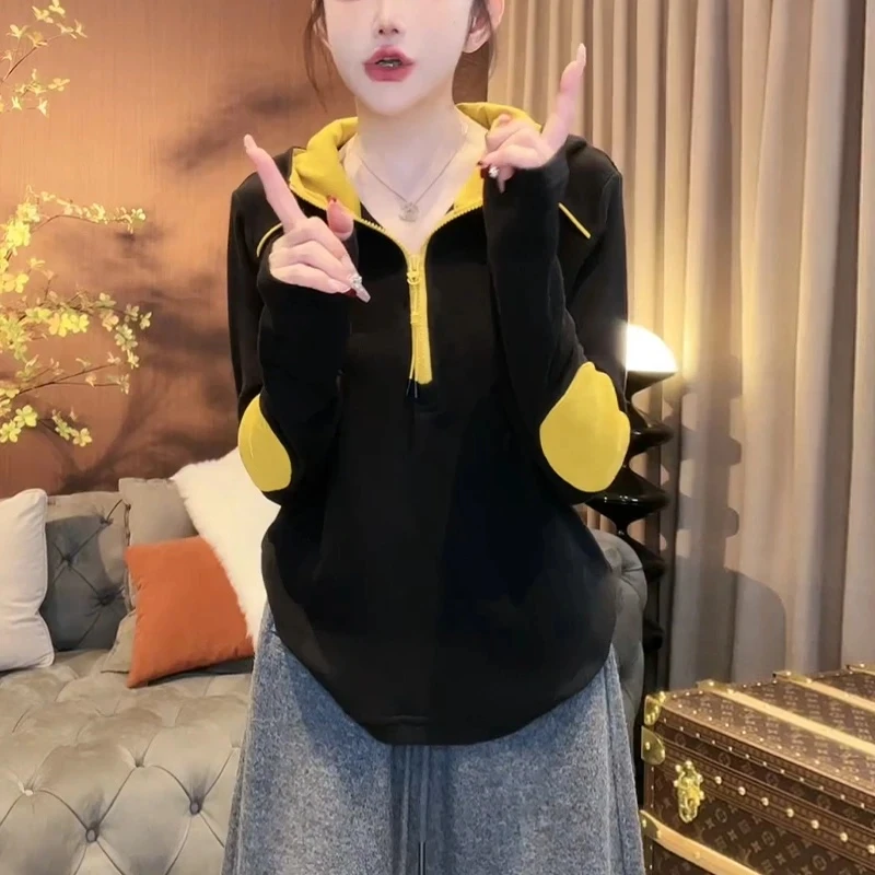 2024冬季新款连帽保暖打底衫女休闲拼色半拉链长袖气质显瘦上衣女