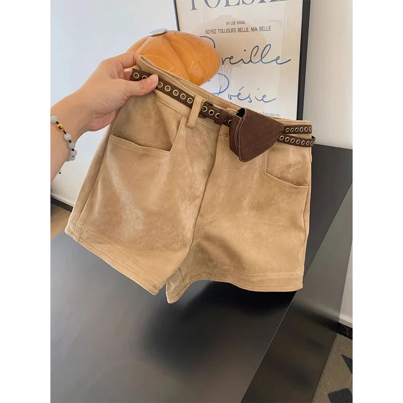 新品配腰带仿麂皮绒休闲宽松小个子a字短裤女外穿显瘦裤子高级感