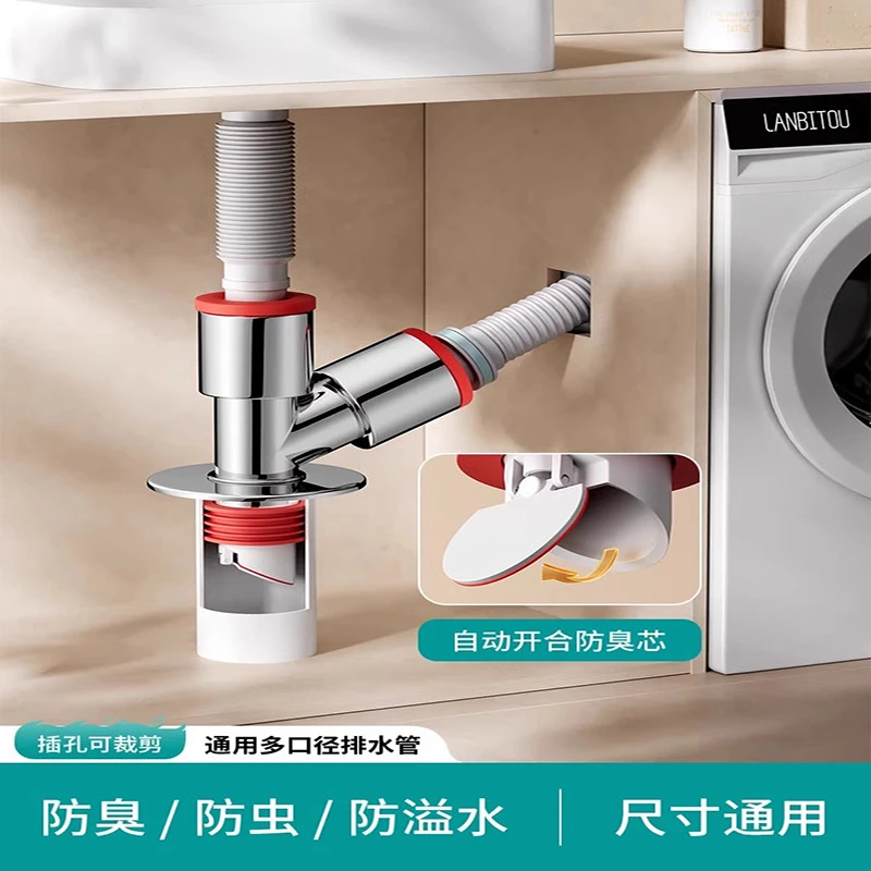 阳台下水管三头通洗衣机排水管地漏接头下水道三通分水器防臭地漏