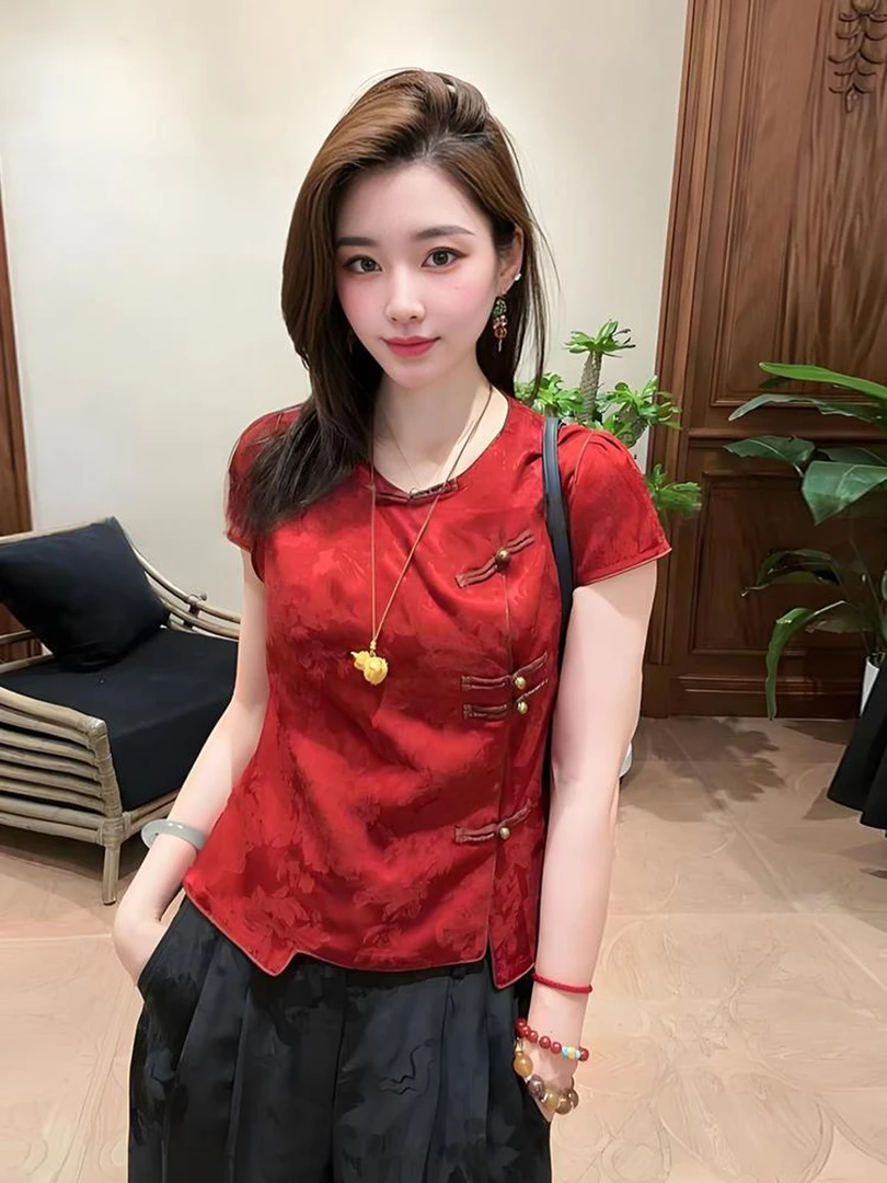 夏超好看独特漂亮高级感小众不撞衫上衣轻奢新中式国风红色衬衫女