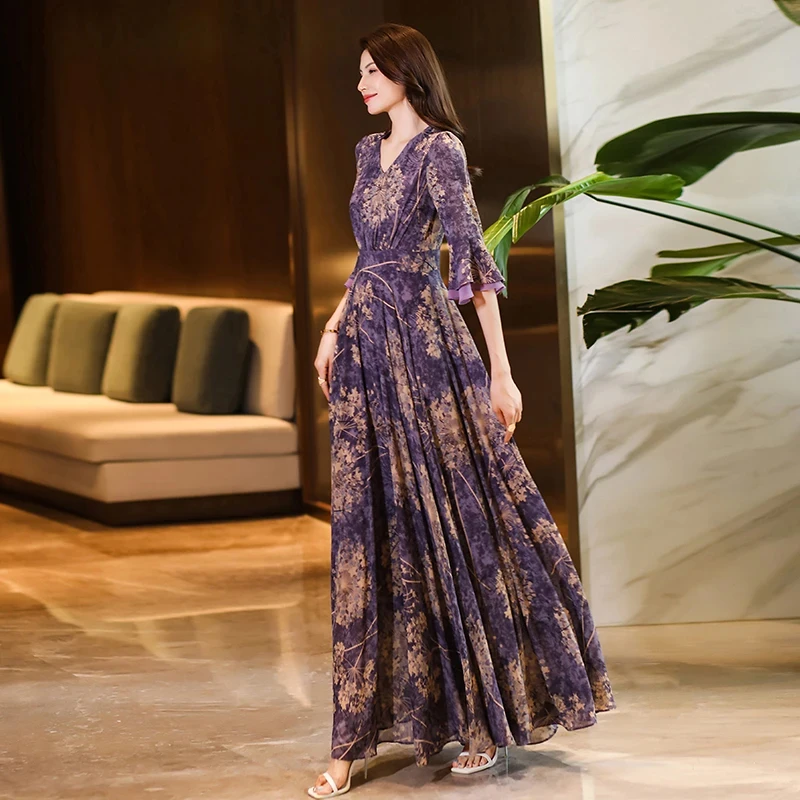 0311春夏新款名媛气质高贵紫花大摆连衣裙