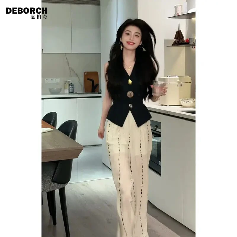 2025夏季新款女法式高级感V领无袖上衣气质高腰显瘦条纹阔腿长裤