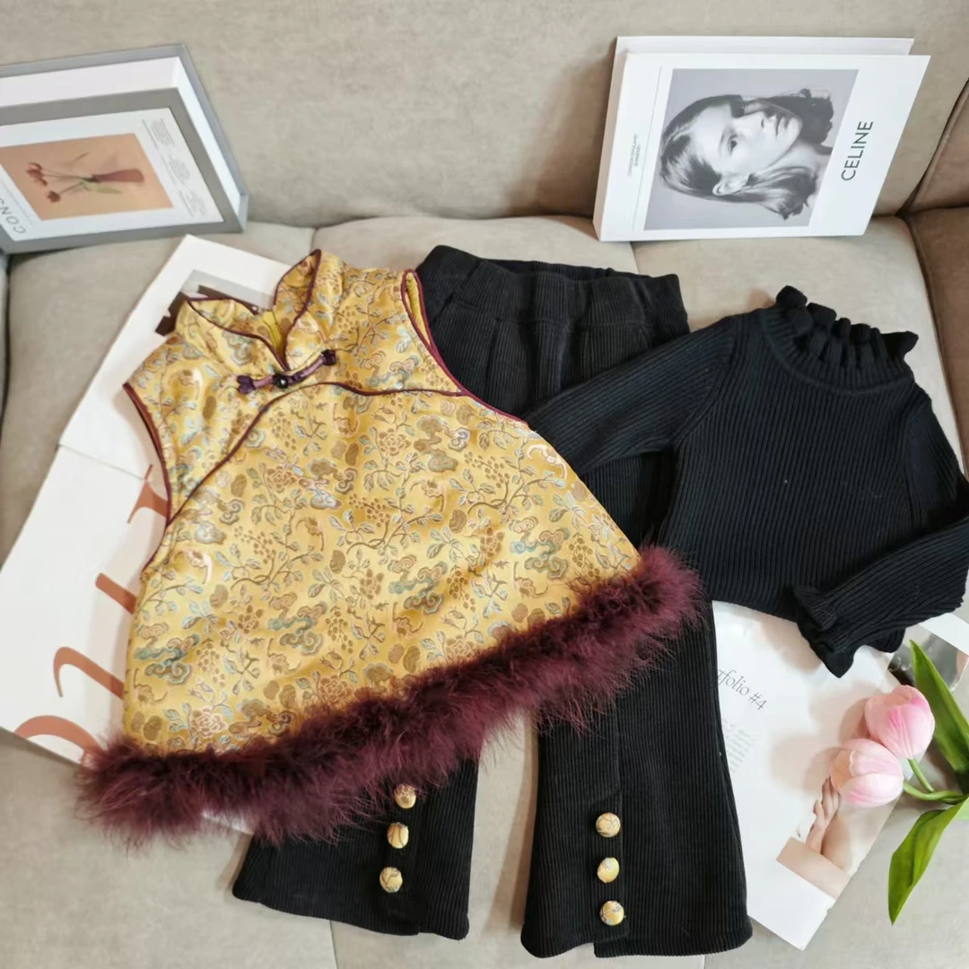 女童中式夹棉马甲2024秋冬款女孩年服中国风毛边盘扣拼接唐装汉服