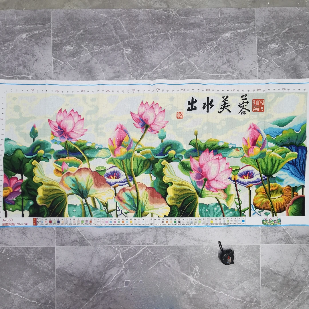 新款大幅出水芙蓉荷花全景图莲花莲叶荷叶花卉纯手工十字绣成品