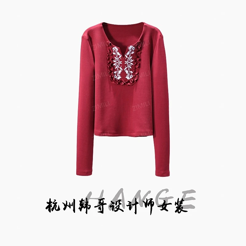 【韩哥欧货女装】冬季热感系列《花边》安红高弹显瘦打底上衣9902-A7