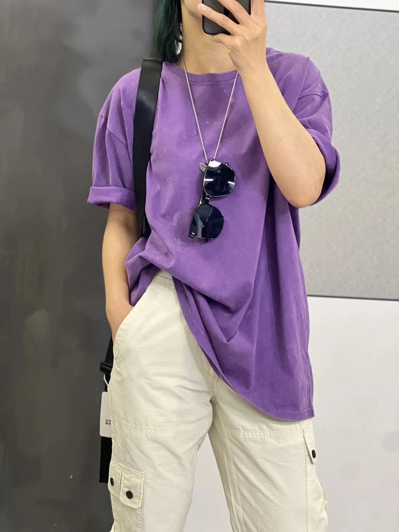 6676六色（重磅双纱）洗水做旧百搭潮款T恤圆领情侣设计感ins韩版