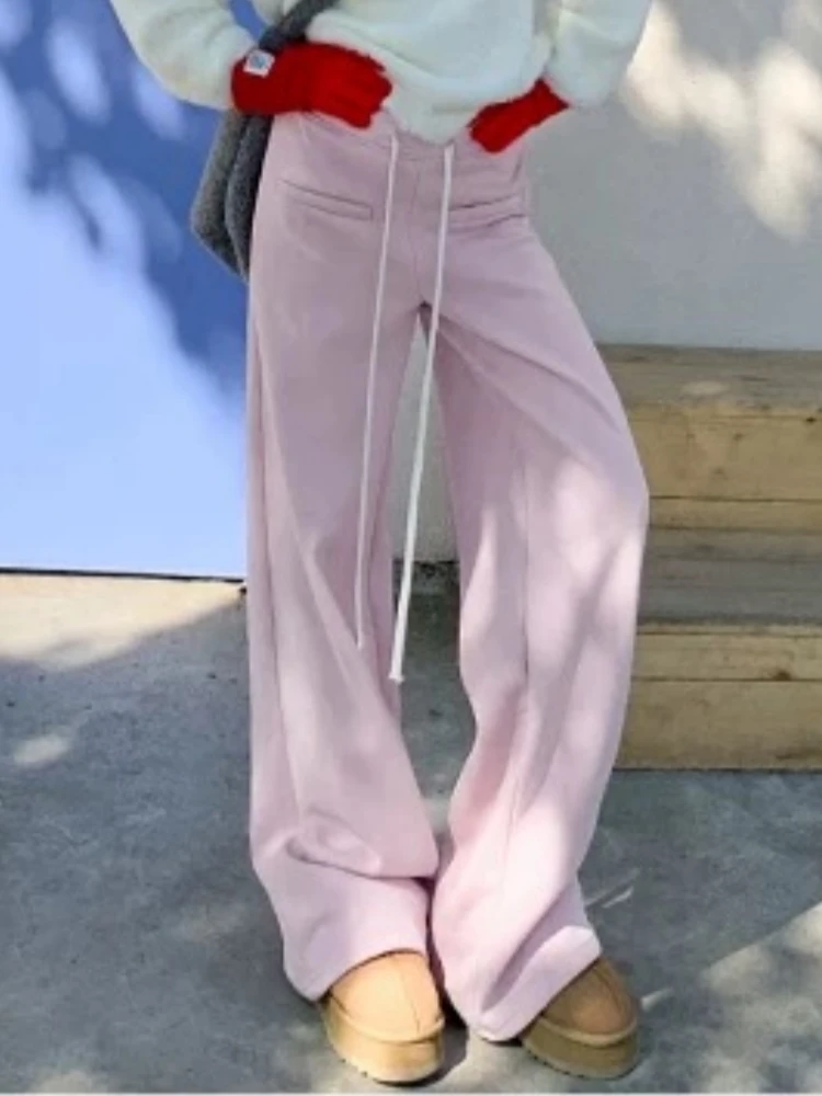 【济州岛】 高腰抽绳 粉色直筒裤