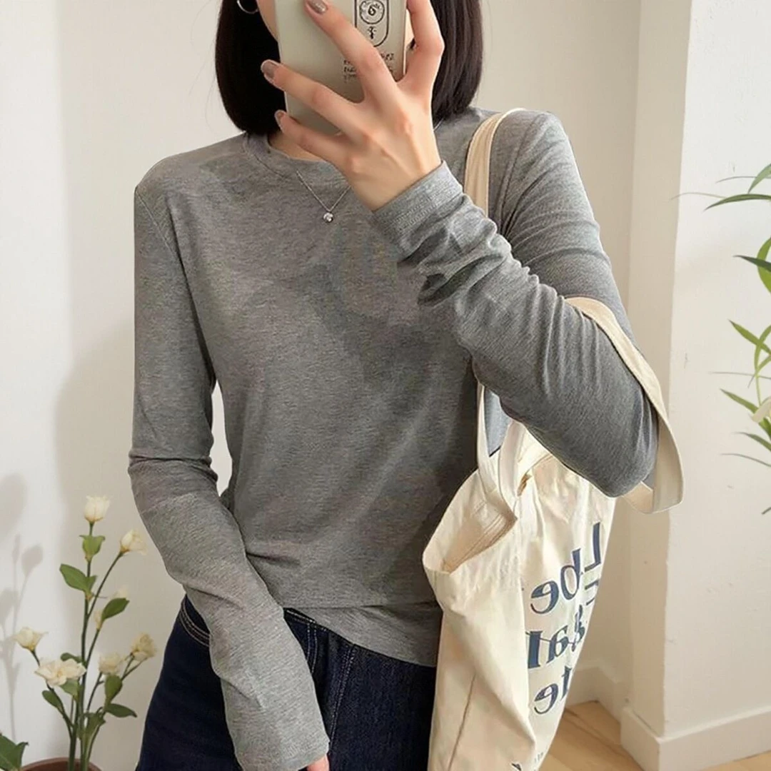 潮牌正肩长袖t恤女圆领设计感辣妹内搭绝美修身显瘦打底衫上衣ins