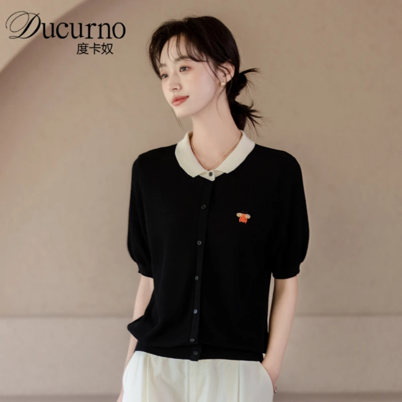小众韩版娃娃领薄款POLO衫女2025年夏季新款气质钉珠刺绣T恤上衣