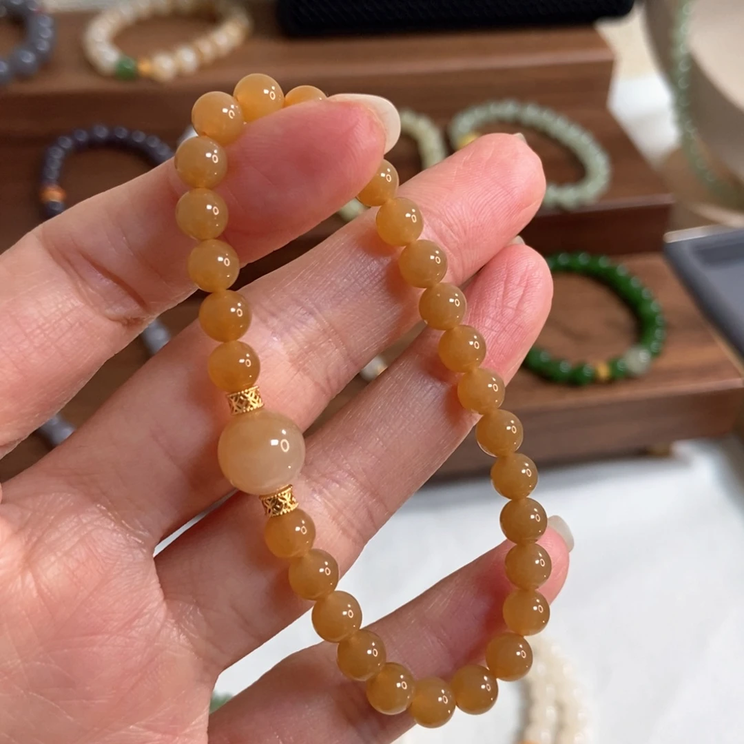 和田玉手链银S925镶嵌6mm且末糖