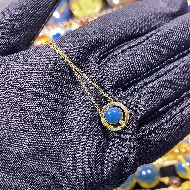 蓝珀银S925镶嵌珠宝奇石多米尼加蓝珀项链两用款