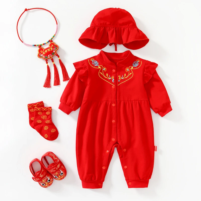 宝宝满月连体衣百天抓周衣服婴儿男童中国风女童春夏周岁唐装礼服
