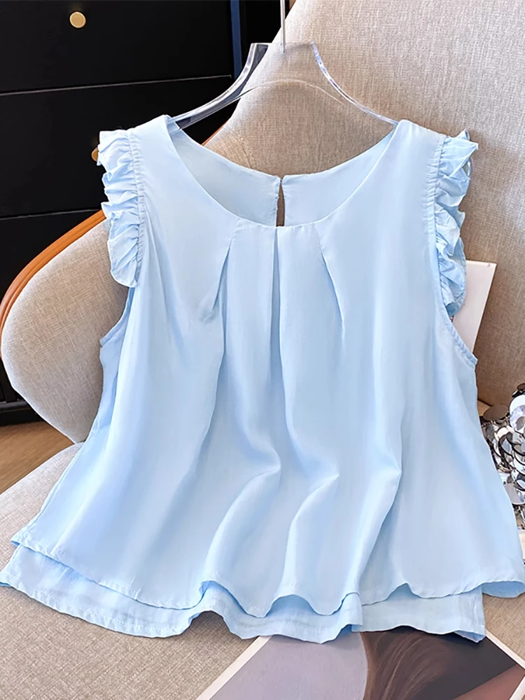 2025新款韩系木耳边小飞袖衬衫女夏季爆款高级感温柔减龄无袖小衫