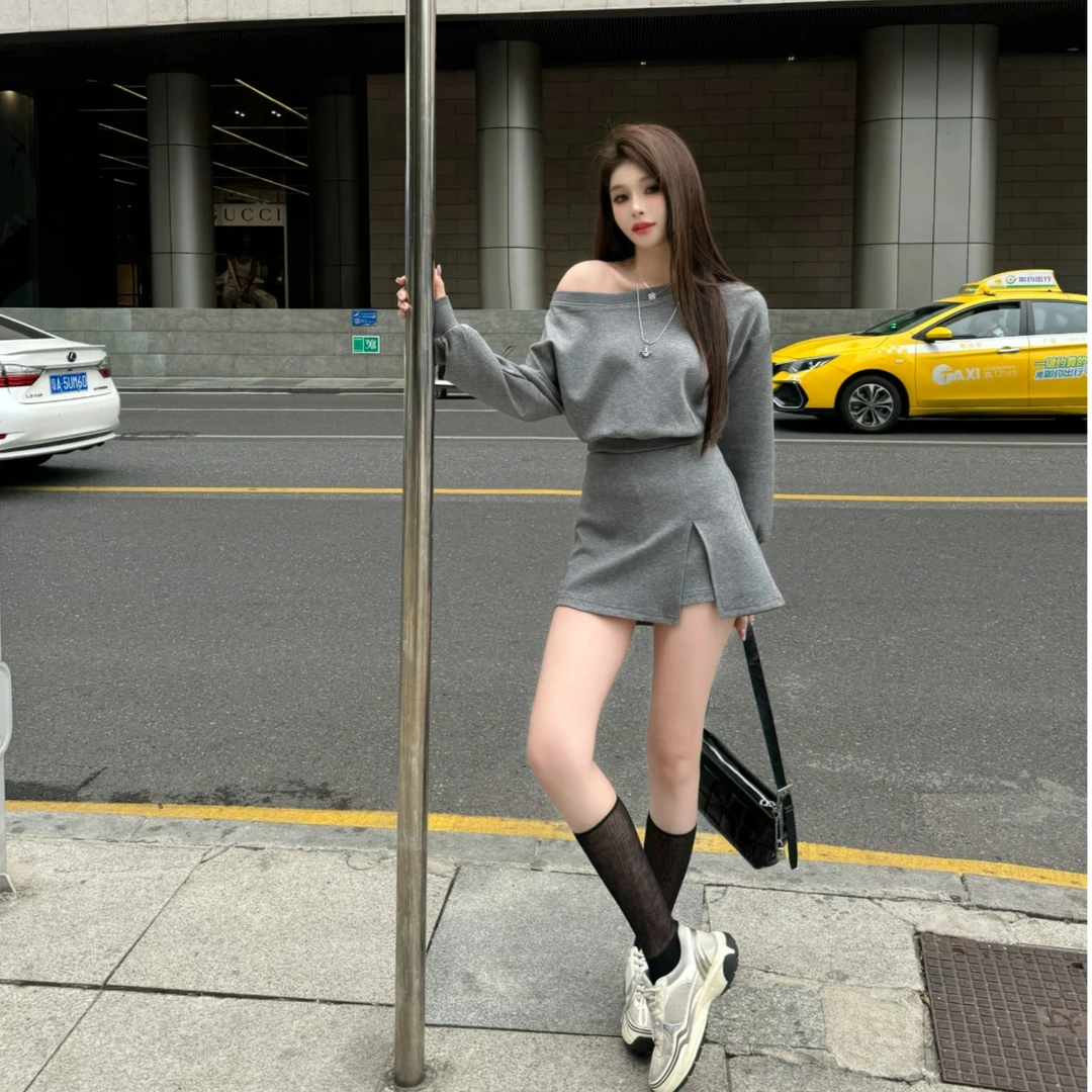 【十一家】美式调 一字露肩长袖卫衣A开叉半身裙裤套装E2086