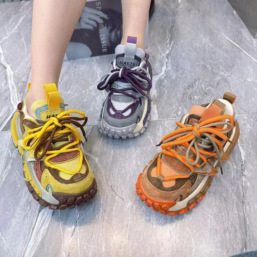 1519老爹鞋圆头时尚鞋透气女鞋百搭真皮拼布面拼色潮鞋拼接潮流