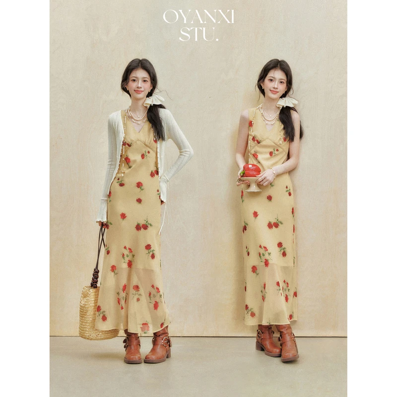 欧阳喜【黄雾玫瑰】春夏印花法式碎花连衣裙杏白色开衫套装227L1153