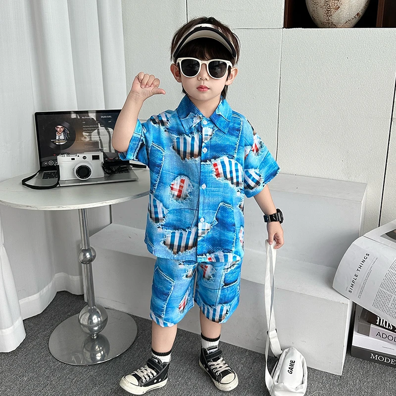 男童复古衬衫套装2025夏季新款潮流酷帅气男孩港风短袖衬衣两件套