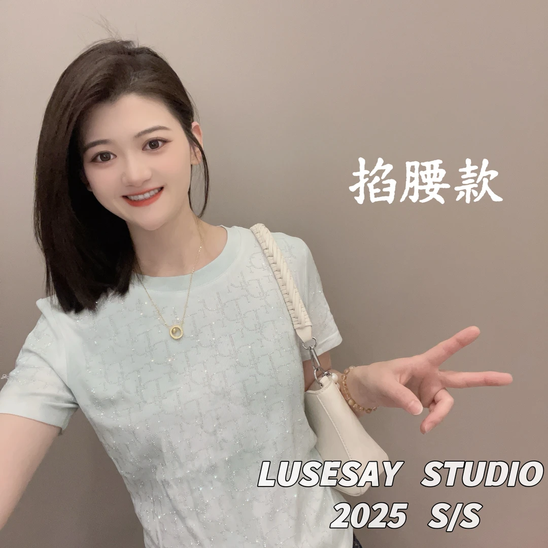 LUSESAY 收腰满印重工烫钻早春2025新款短袖t恤女百搭休闲上衣