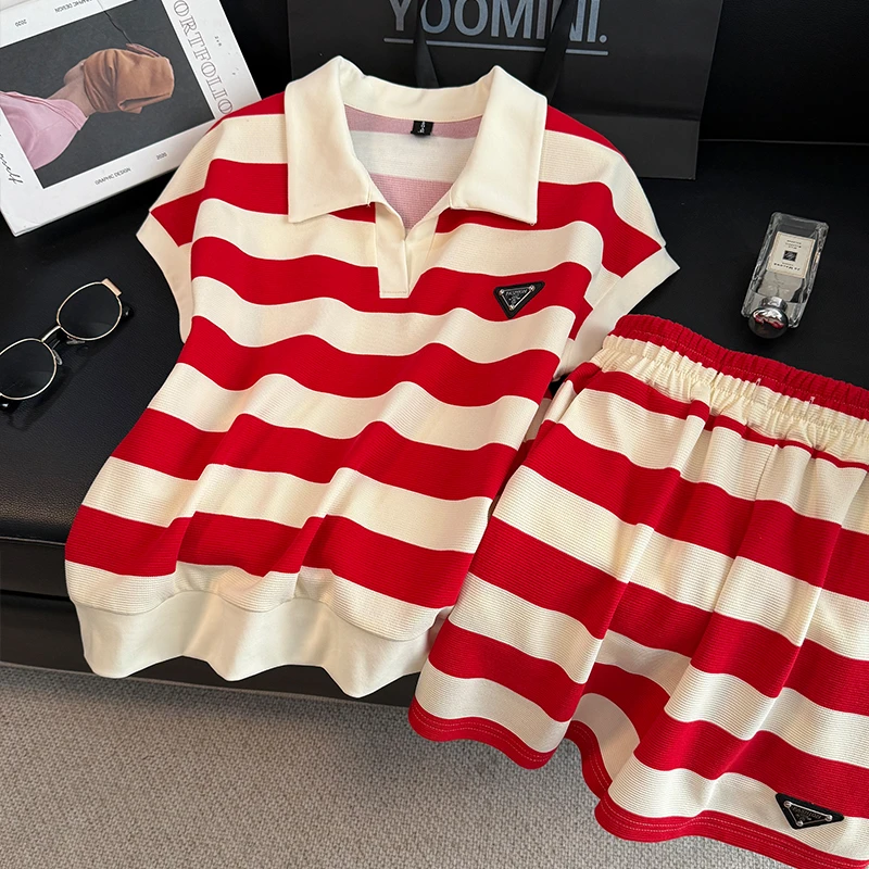 欧货网红休闲套装女夏季新款时尚减龄宽松条纹短袖短裤运动两件套