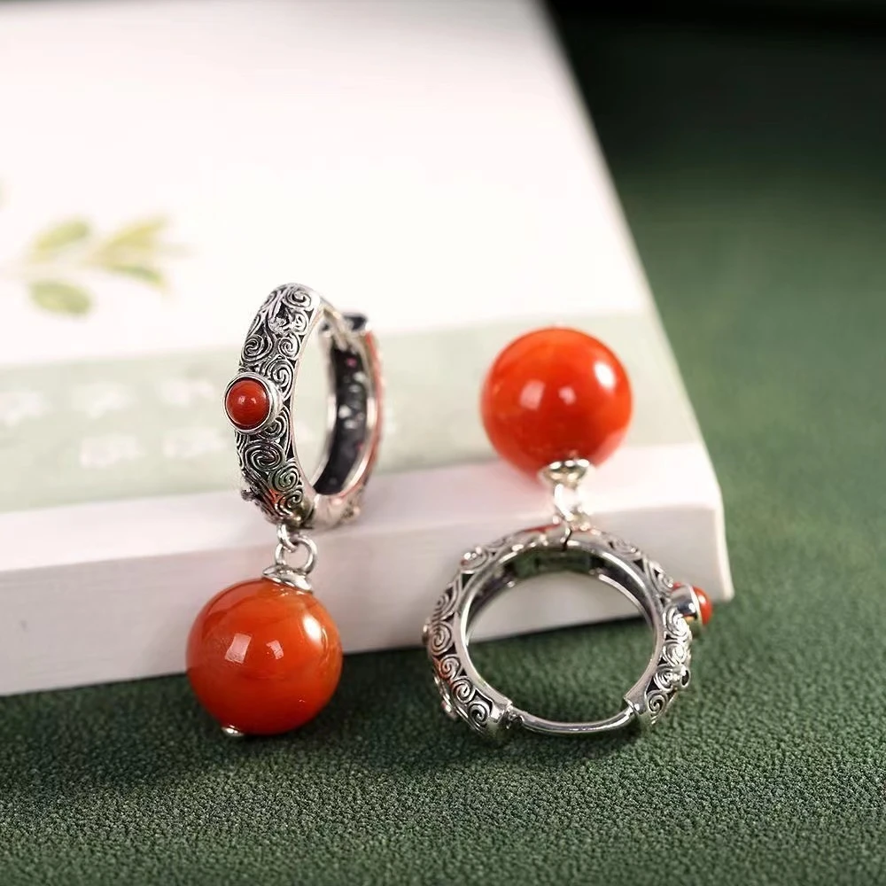 925银耳饰 新中式古韵耳圈镂空水波纹圆珠耳坠复古女耳饰时尚百搭