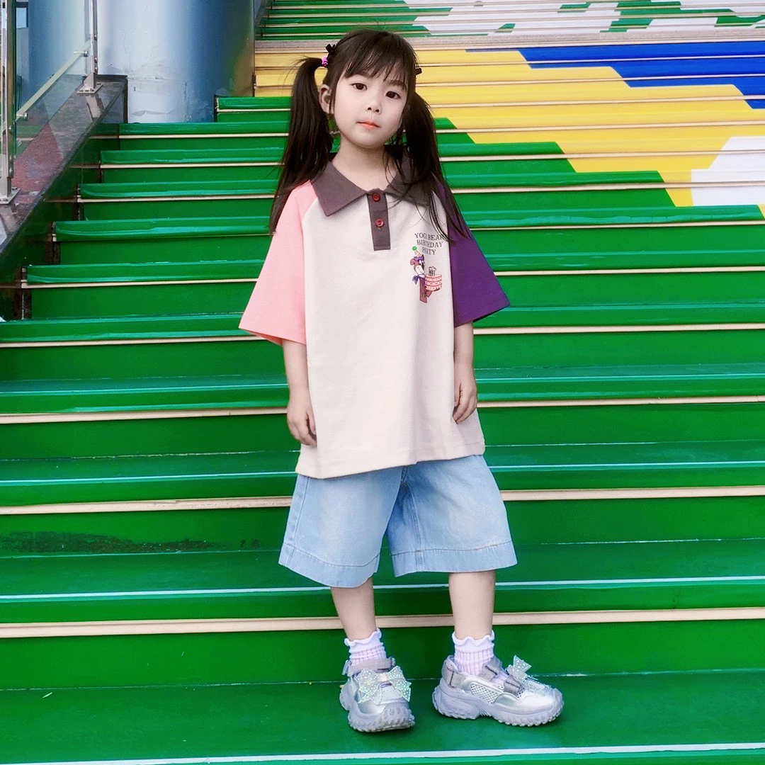 女童夏装POLO衫短袖T恤2025新款洋气拼接撞色半袖卡通休闲上衣潮